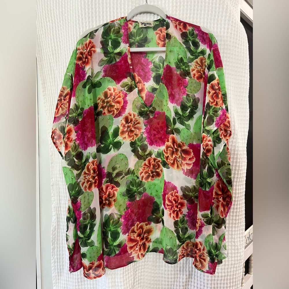 SHOW ME YOUR MUMU SHEER TOP OVERSIZED XS SWIM COVERUP CACTUS FLORAL PRINT GREEN